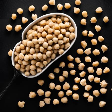 Detailed Close Up of Chickpeas in White Ceramic Spoon on Black Background Isolated Food Photograph