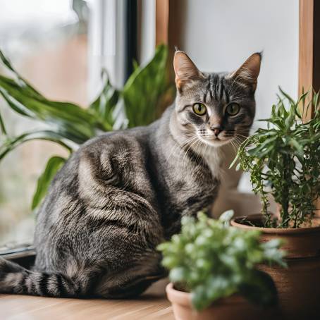 Detailed Close Up of Gray Striped Cat by Window with Lush Houseplants