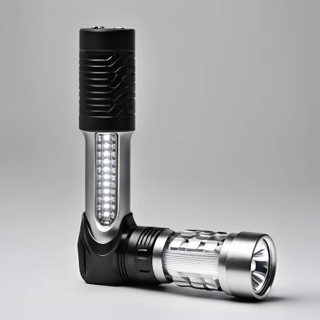 Detailed Close Up of LED Flashlight Silver and Black Handle, Black Plastic Torch Head on White