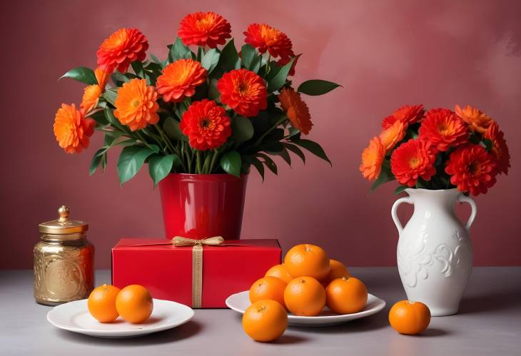 Detailed Close Up of Red Gift Box, Jam Plate, Tangerines, Lucky Money Envelopes, and Flower Vase