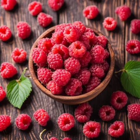 Detailed Close Up of Ripe Sweet Raspberries in a Bowl on Wooden Table Top View Fresh Berries