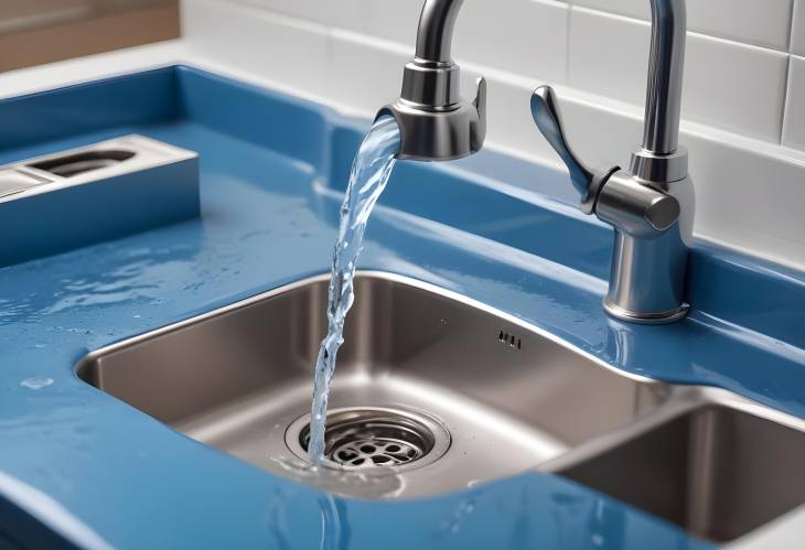 Detailed Close Up of Sink Plug Hole with Clean Water Flowing in Blue Tones