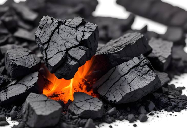 Detailed Close Up of Smoldering Coal Piece Isolated on a White Background Scientific Study