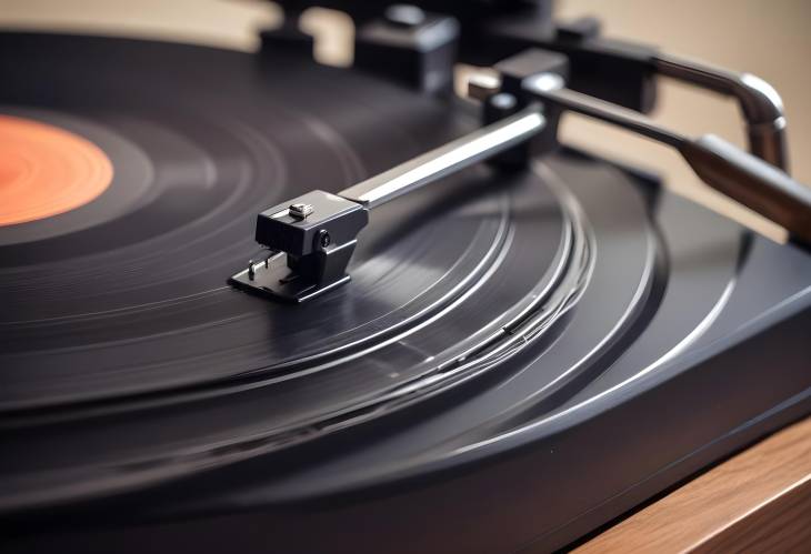 Detailed CloseUp of a Classic Vinyl Record Player, with the Needle Gently Resting on the Grooves