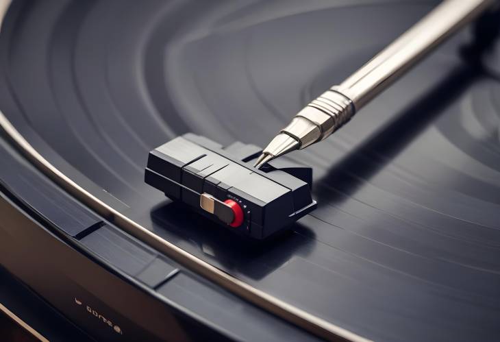 Detailed CloseUp of a Classic Vinyl Record Player, with the Needle Gently Resting on the Grooves of