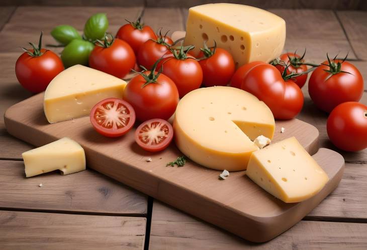 Detailed CloseUp of Cheese and Tomatoes on Rustic Wooden Desk  Food Photography