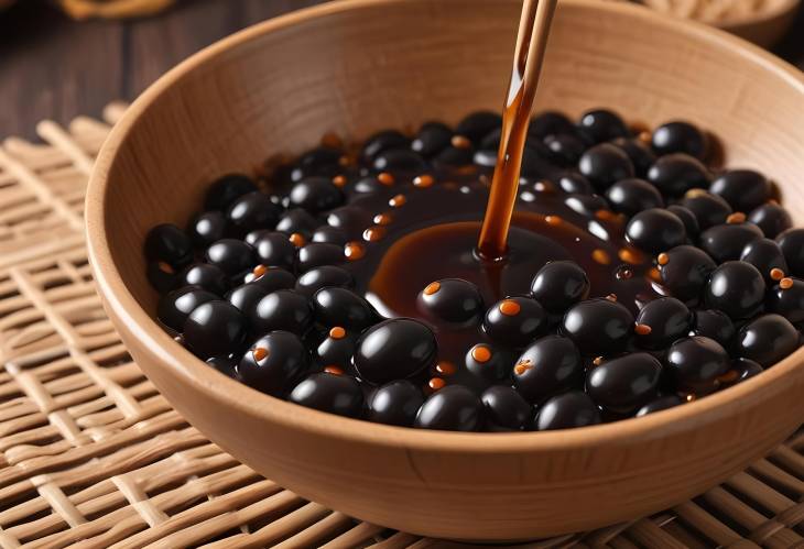 Detailed Closeup of Soy Sauce Droplets Falling into a Bowl on Wicker Mat  Perfectly Styled