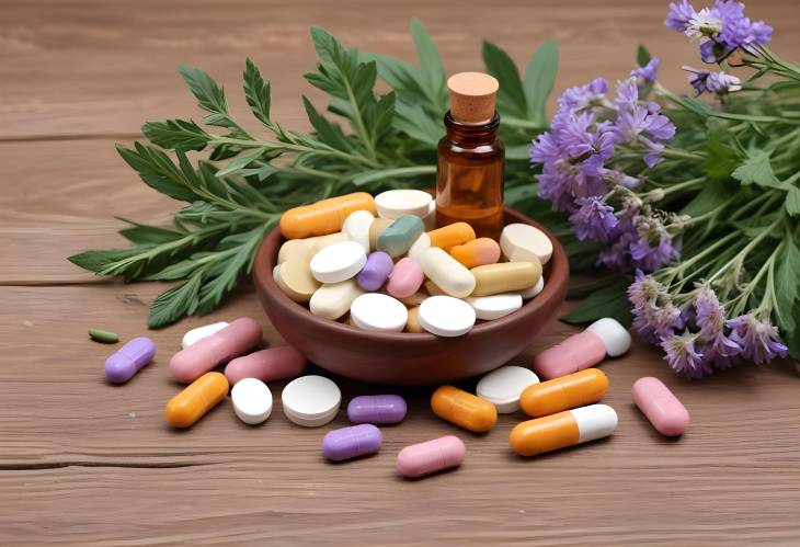 Detailed Closeup of Various Pills, Herbs, and Flowers on Wooden Table, Dietary Supplements and