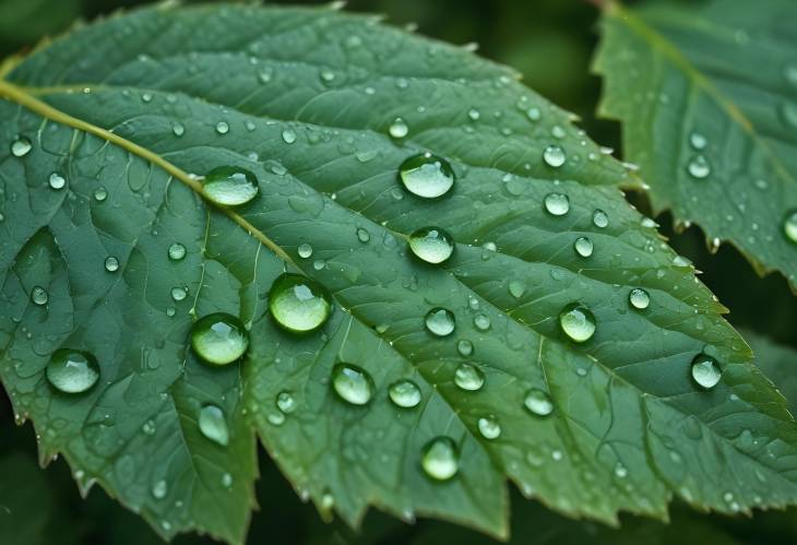 Detailed Dew Drops on Green Leaf Close Up