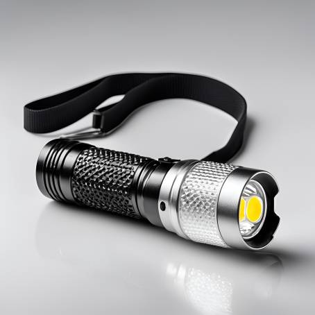 Detailed LED Flashlight Silver and Black Handle with Black Plastic Head Close Up on White Surface