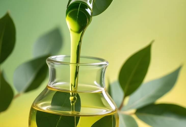 Detailed Macro of Eucalyptus Oil Drip from Pipette into Glass Bottle