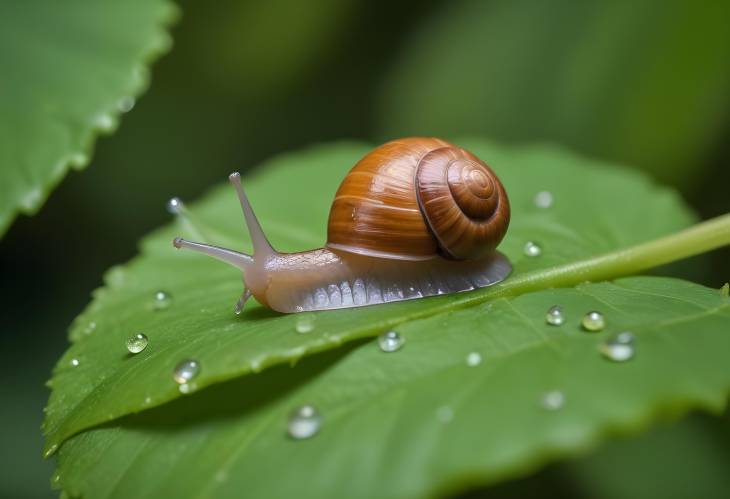 Detailed Macro Shot of a Snail on a Leaf with Water Droplets