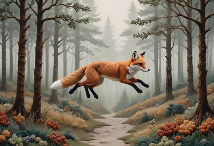 Detailed Needlework of a Fox in Colorful Wool on a Textured Forest Background