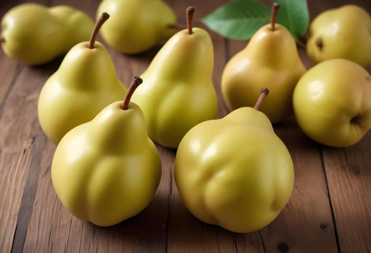 Detailed Pears on Wooden Table Closeup Shot Revealing Freshness and Natural Beauty