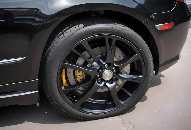 Detailed Rear Side View of Black Cars Front Wheel