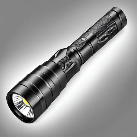 Detailed View of LED Flashlight Silver and Black Handle, Black Plastic Head on White Background