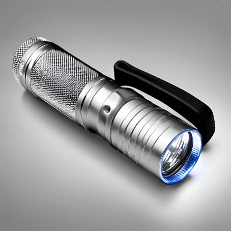 Detailed View of LED Flashlight Silver and Black Handle, Black Plastic Head on White Background