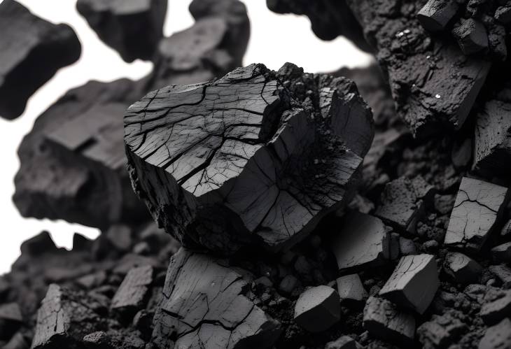 Detailed View of Smoldering Coal Piece Isolated on White Background