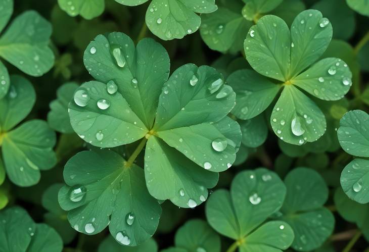 Dew Drops on Clover Leaves with Natural Green Background