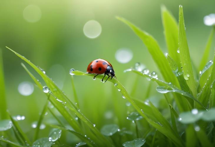 Dewy Clover Leaves and Fresh Grass with Ladybug Close Up