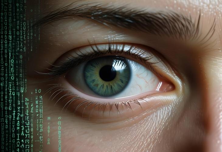 Digital Eye Fusion Mans Eye with Matrix Texture Highlights the Intersection of Human Vision