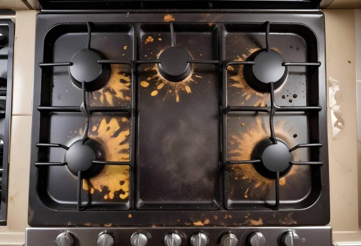 Dirty Gas Cooktop Greasy Stains, Food Residue, and Old Oil Splatters on Stove