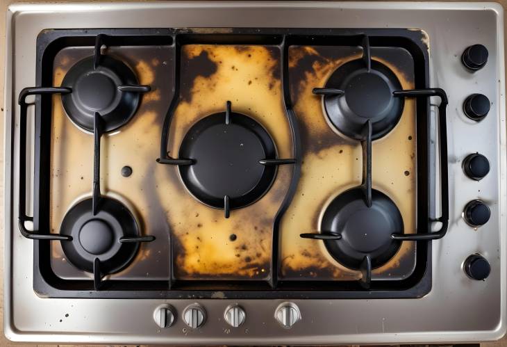 Dirty Stove Greasy Gas Cooktop with Food Leftovers, Old Fat Stains, and Oil Splatters