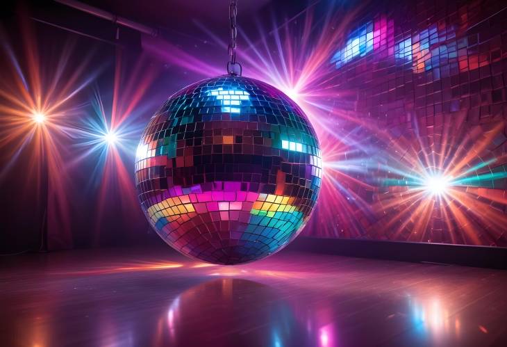 Disco Ball Glowing with Party Lights at Nightclub  Colorful Illumination on Dance Floor