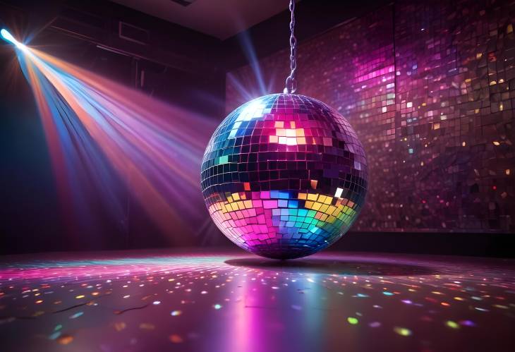 Disco Ball with Party Lights at Nightclub  Colorful Illumination on Dance Floor