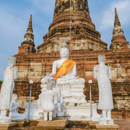 Discover Ayutthaya Wat Yai Chaimongkol Pagoda and Buddha Statue Under Blue Sky