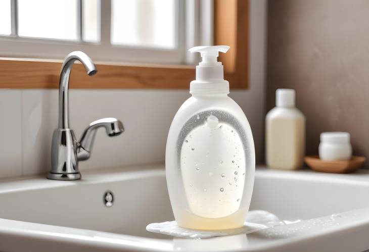 Dishwashing Gel Bottle with Soap Bubbles Next to Dirty Dishes in Sink