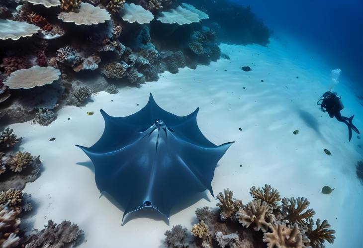 Diver explores coral reefs with a reef manta ray Manta alfredi in the Maldives, Indian Ocean