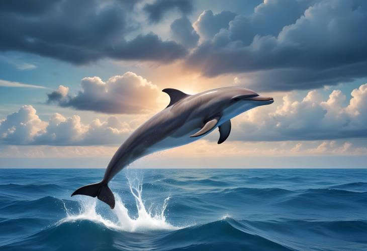 dolphin in midjump, oceanic scene, deep waters, dramatic cloudscape, jumping dolphin, sea life, mar