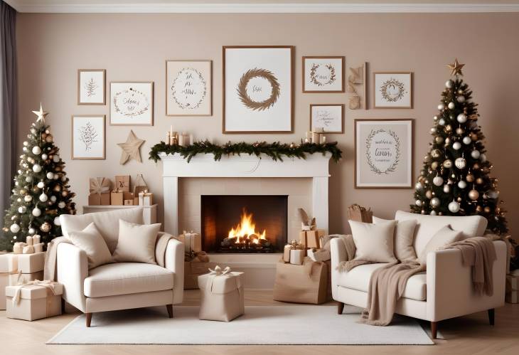 Domestic Cozy Christmas Living Room with Beige Sofa, Christmas Decor, Wreath, and Gifts