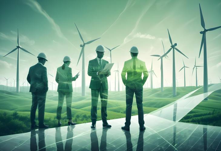 Double Exposure Business Leaders Overseeing Wind Turbines and Green Energy Solutions