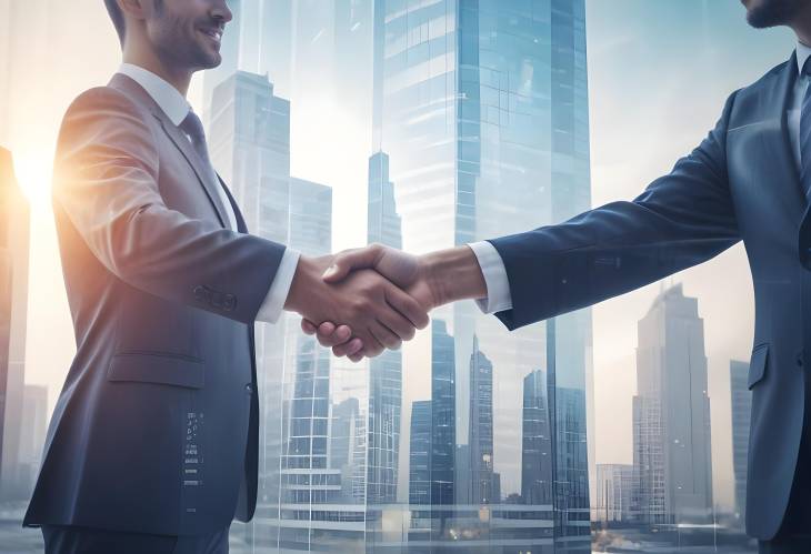 Double Exposure of Corporate Handshake with Cityscape Background A Symbol of Business Success