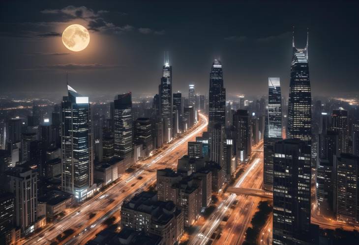 Dramatic Cityscape at Night Skyscrapers Lit Up, Traffic Flowing, and a Bright Full Moon Overhead