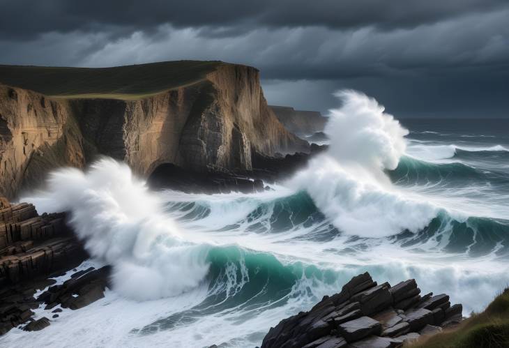 Dramatic Ocean Waves Crashing Against Rocky Cliffs Under a Stormy Sky, Capturing