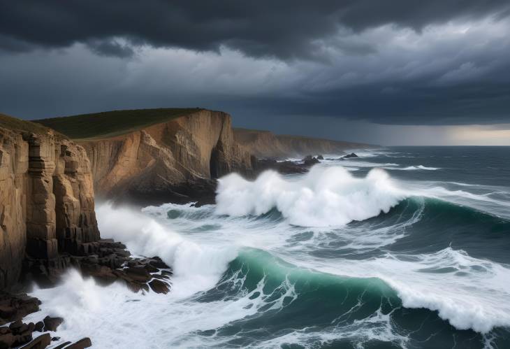 Dramatic Ocean Waves Crashing Against Rocky Cliffs Under a Stormy Sky, Capturing