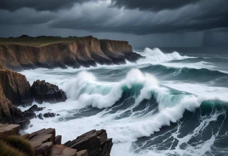 Dramatic Ocean Waves Crashing Against Rocky Cliffs Under a Stormy Sky, Capturing the Power of Nature