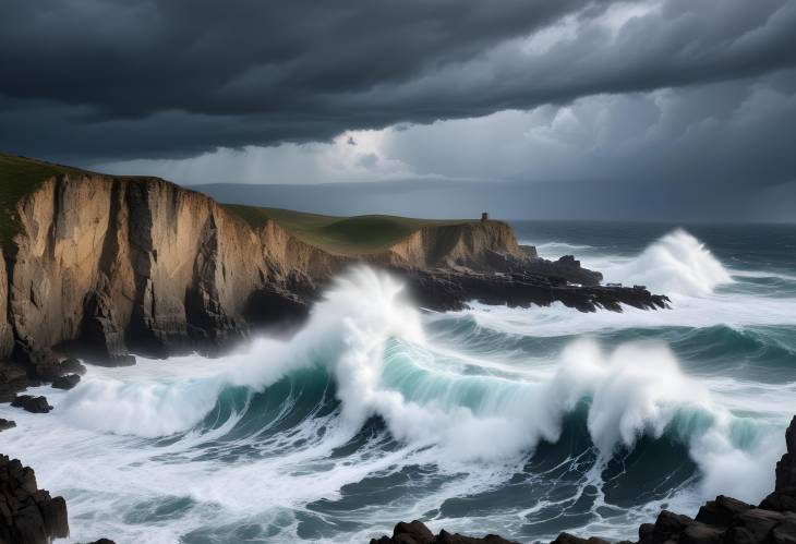 Dramatic Ocean Waves Crashing Against Rocky Cliffs Under a Stormy Sky, Capturing the Power of Nature