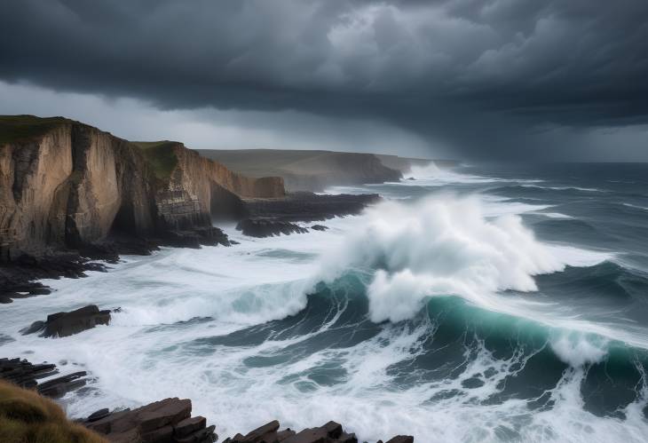 Dramatic Ocean Waves Crashing Against Rocky Cliffs Under a Stormy Sky, Capturing the Power of Nature