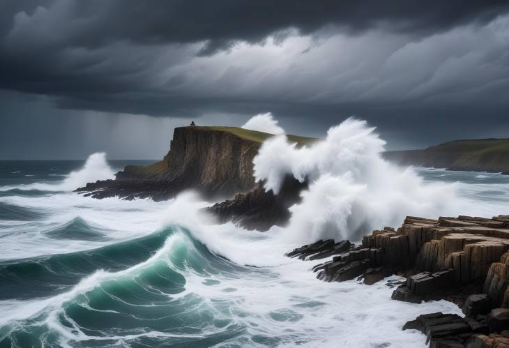 Dramatic Ocean Waves Crashing Against Rocky Cliffs Under a Stormy Sky, Capturing the Power of Nature