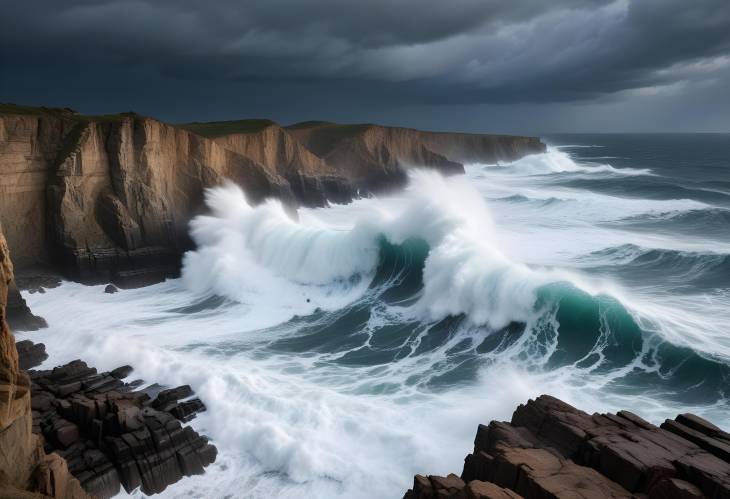 Dramatic Ocean Waves Crashing Against Rocky Cliffs Under a Stormy Sky, Capturing the Power of Nature