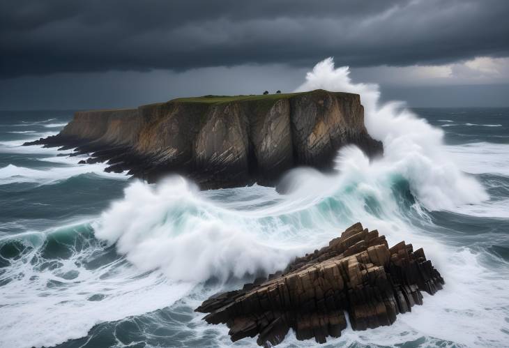 Dramatic Ocean Waves Crashing Against Rocky Cliffs Under a Stormy Sky, Capturing the Power of Nature