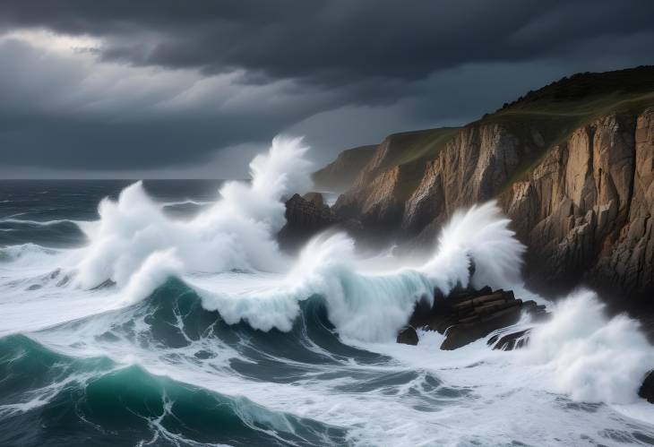 Dramatic Ocean Waves Crashing Against Rocky Cliffs Under a Stormy Sky, Capturing the Power