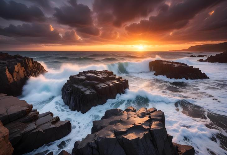 Dramatic Seascape at Sunset with Crashing Waves and Jagged Rocks