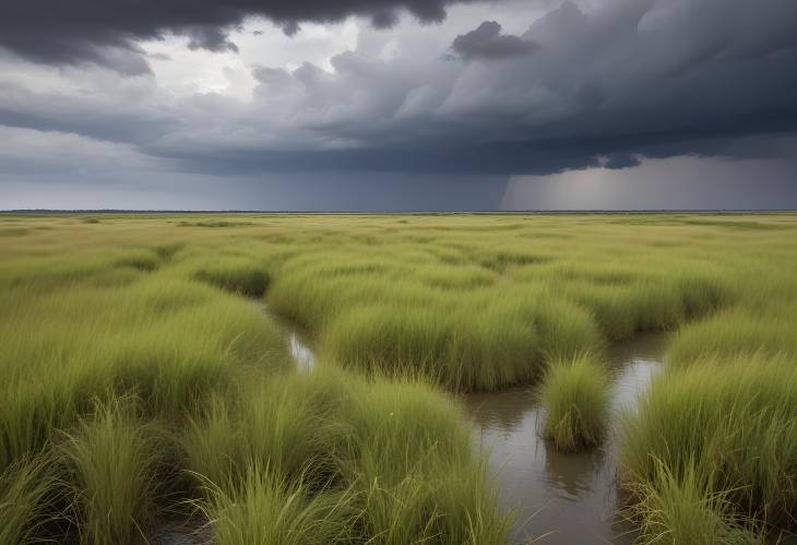 Dramatic Storm Over Bodden Grass Landscape in Mnchgut, Rgen, Germany