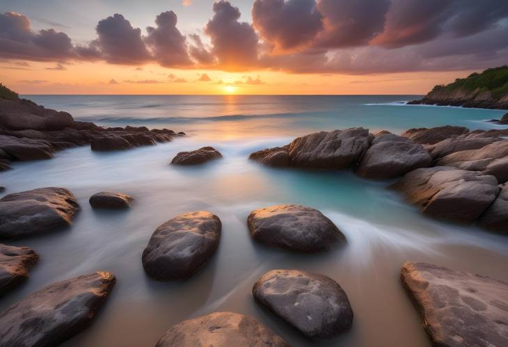 Dramatic Sunset at Punta Zicaleta Beach Rocks, Turquoise Sea, and Cloudy Long Exposure