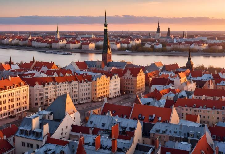 Dramatic Sunset View from Riga Rooftops Over Daugava River and Old Town